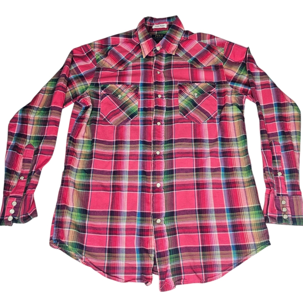 Polo Ralph Lauren‎ Mens Medium Western Shirt Pearl Snap Madras Cotton Multi Pink